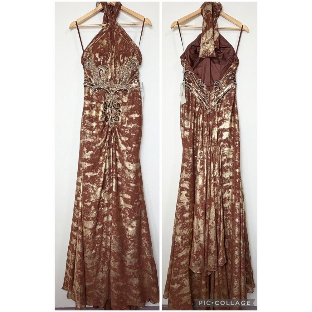 Sherry Haute Couture Formal Dress Gown Halter Brown Gold Copper Women’s 6 NWT